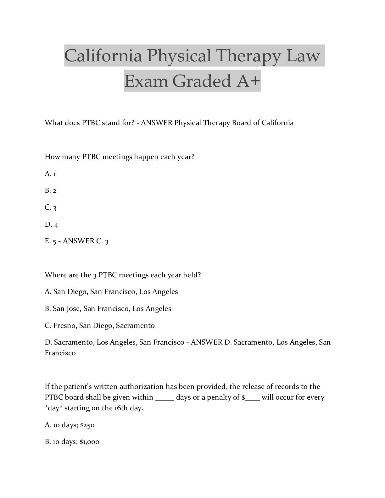 California Physical Therapy Law Exam Graded A+ Browsegrades